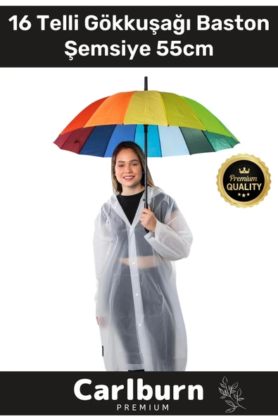 Premium Otomatik Mekanizma Baston Tip Rüzgar Korumalı Fiber 16 Telli Gökkuşağı Baston Şemsiye 55cm