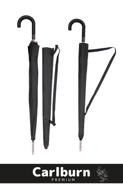 Premium Otomatik Mekanizma Baston Tip Rüzgar Korumalı Fiber 16 Telli Ahşap Kauçuk Sap Şemsiye 55cm - 2