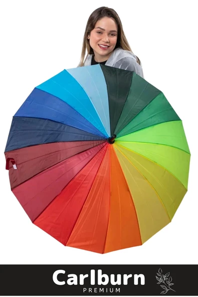 Premium Otomatik Mekanizma Baston Tip Rüzgar Korumalı Fiber 16 Telli Gökkuşağı Baston Şemsiye 55cm - 5