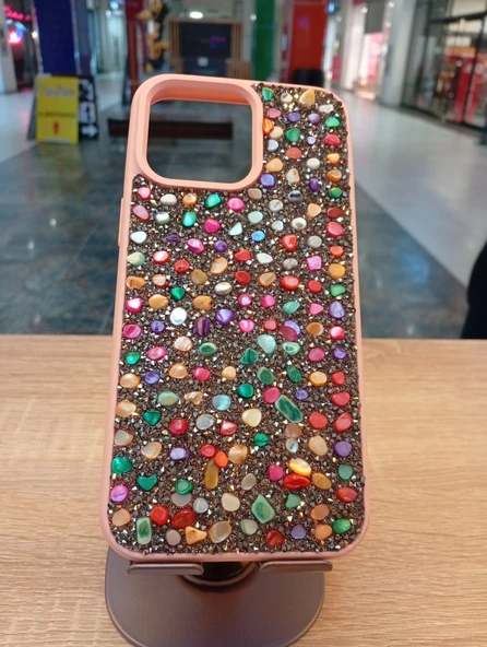 İPhone 15 Pro Max Uyumlu İçi Kadife Taşlı Kılıf Hologram Renkli Taşlı Kapak - 3