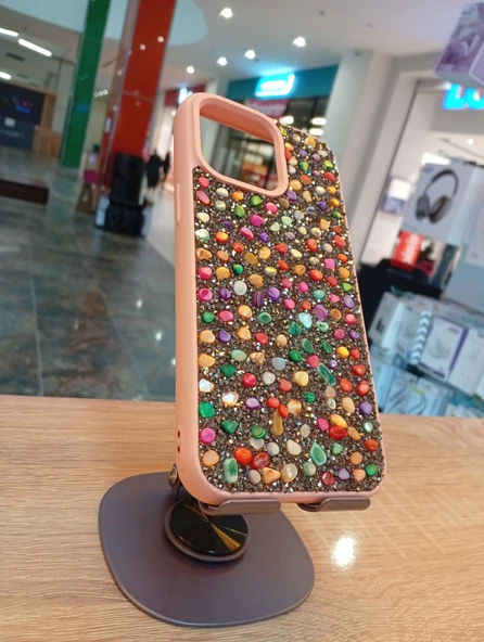 İPhone 15 Pro Max Uyumlu İçi Kadife Taşlı Kılıf Hologram Renkli Taşlı Kapak - 2