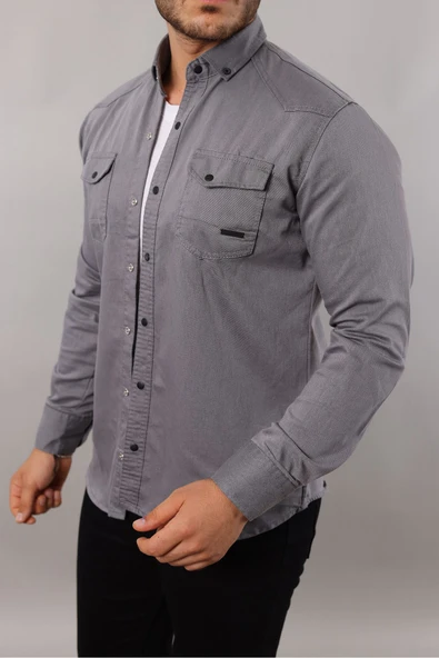 Yxc Slim Fit Erkek Dar Kesim Pamuklu Kot Gömlek GRİ - Resim 2
