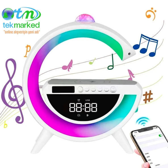 TEKMARKED BT-3402 Masaüstü LED Gece Lambası Dijital Saat Bluetooth Hoparlör Kablosuz Şarj Standı Disko Topu