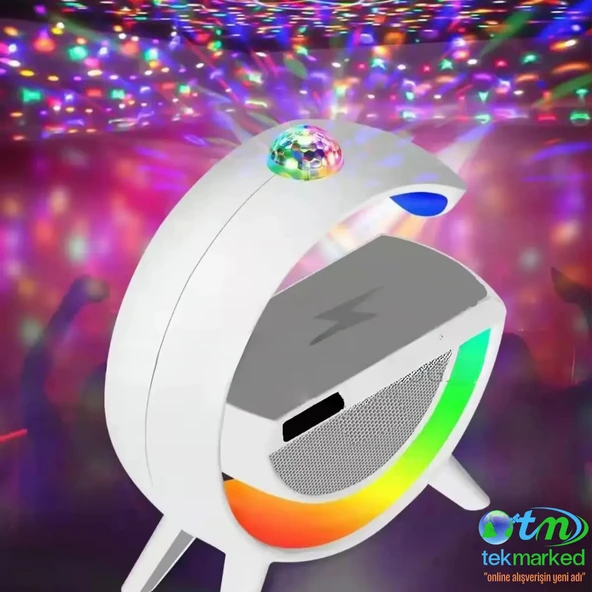 TEKMARKED BT-3402 Masaüstü LED Gece Lambası Dijital Saat Bluetooth Hoparlör Kablosuz Şarj Standı Disko Topu - 4