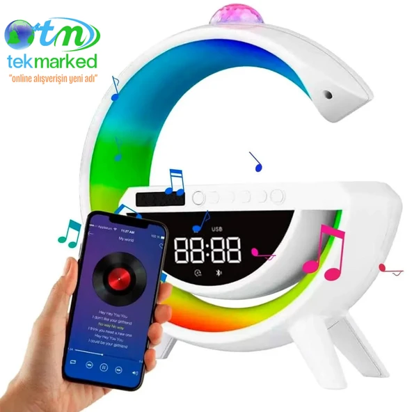 TEKMARKED BT-3402 Masaüstü LED Gece Lambası Dijital Saat Bluetooth Hoparlör Kablosuz Şarj Standı Disko Topu - 2