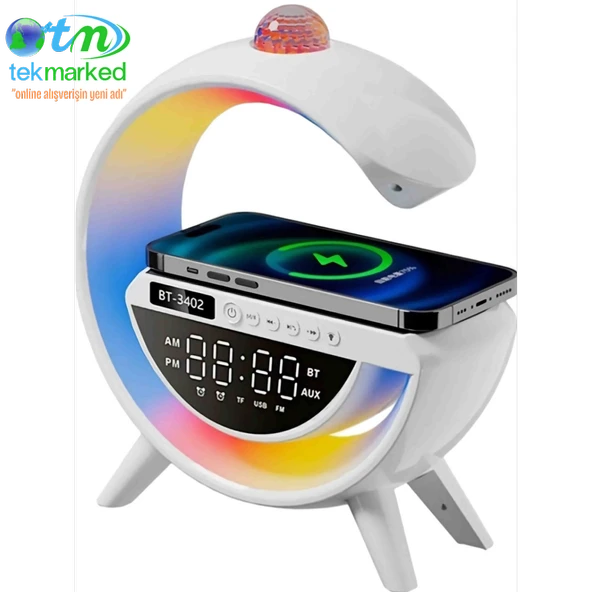 TEKMARKED BT-3402 Masaüstü LED Gece Lambası Dijital Saat Bluetooth Hoparlör Kablosuz Şarj Standı Disko Topu - 3
