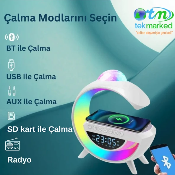 TEKMARKED BT-3402 Masaüstü LED Gece Lambası Dijital Saat Bluetooth Hoparlör Kablosuz Şarj Standı Disko Topu - 5