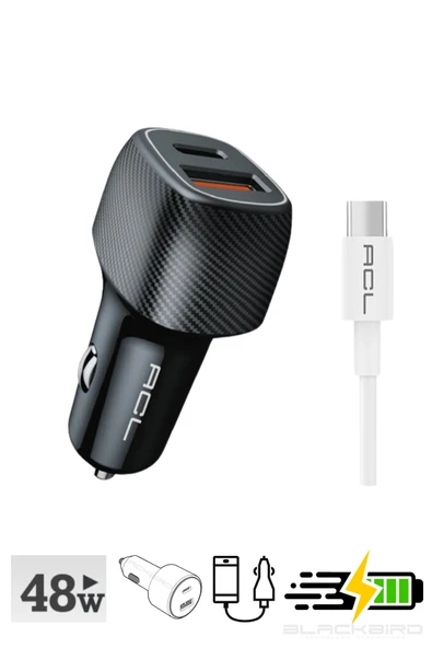 Hızlı Şarj 48Watt 6A 1xUSB-A 1xUSB-C Type-C Kablo Araç İçi Şarj Aleti Ac-92