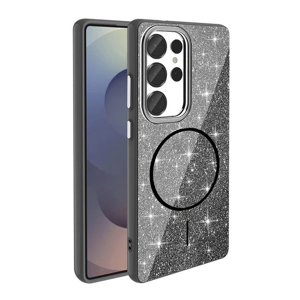 Samsung Galaxy S25 Ultra Kılıf Magsafe Şarj Özellikli Parlayan Simli Okso Kapak - Resim 10