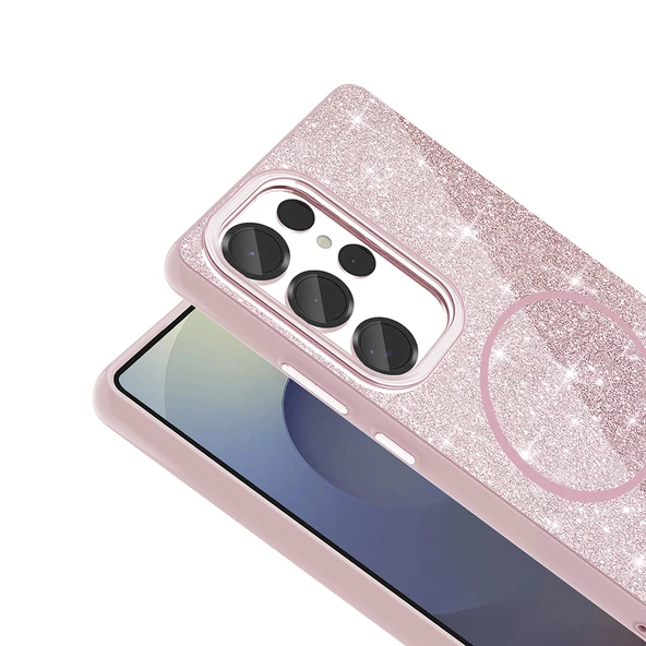 Samsung Galaxy S25 Ultra Kılıf Magsafe Şarj Özellikli Parlayan Simli Okso Kapak - Resim 5