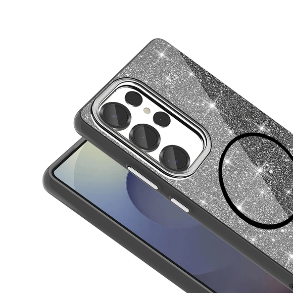 Samsung Galaxy S25 Ultra Kılıf Magsafe Şarj Özellikli Parlayan Simli Okso Kapak - Resim 11