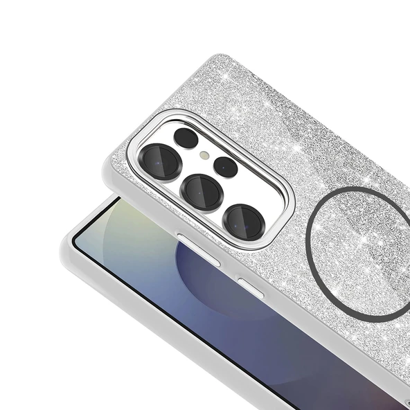 Samsung Galaxy S25 Ultra Kılıf Magsafe Şarj Özellikli Parlayan Simli Okso Kapak - Resim 9