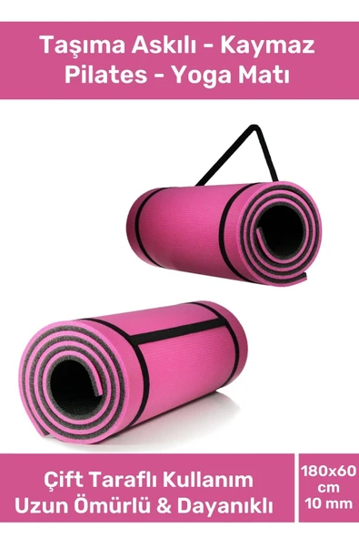 Taşıma Askılı Konfor Modeli Çift Taraflı Kaymaz Yoga Meditasyon Minderi Pembe Siyah Mat