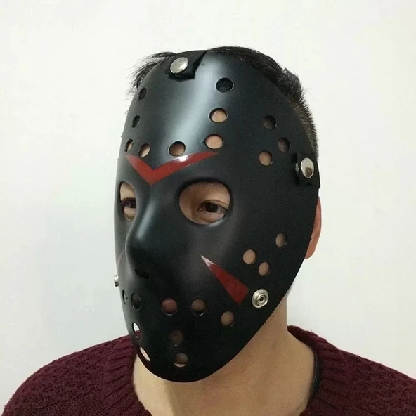Siyah Renk Kırmızı Çizgili Tam Yüz Hokey Jason Maskesi Hannibal Maskesi - 3