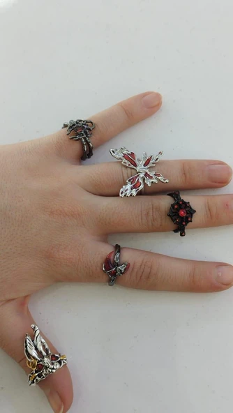 Vintage Siyah Renk Kırmızı Taşlı Retro Ayarlanabilir Gotik Yüzük - 3