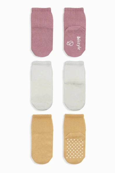 Nessiworld Bistyle Basic Kaymaz Penye Soket Çorap 3'Lü BS10107 Pudra Ekru Somon