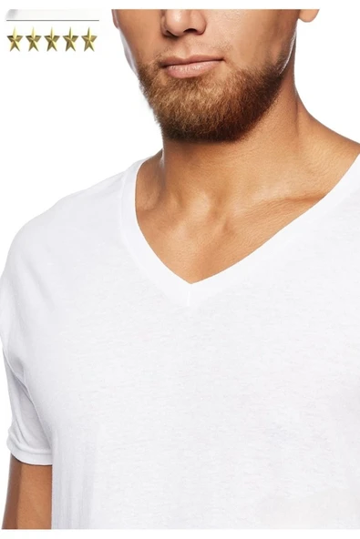 Pamuklu V Yaka Kısa Kollu T-Shirt BEYAZ - Resim 3