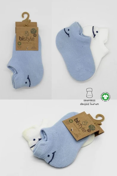 Bistyle 2'Li Sneakers Smile Penye Çorap BS20106 Mavi Ekru - 5