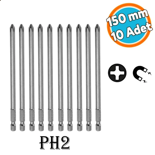 Bits Uç Mıknatıslı Yıldız PH2 150 mm 10'lu Set Kutulu Manyetik 1/4" Matkap Ucu 15 cm Uzunluk ürün görseli 1