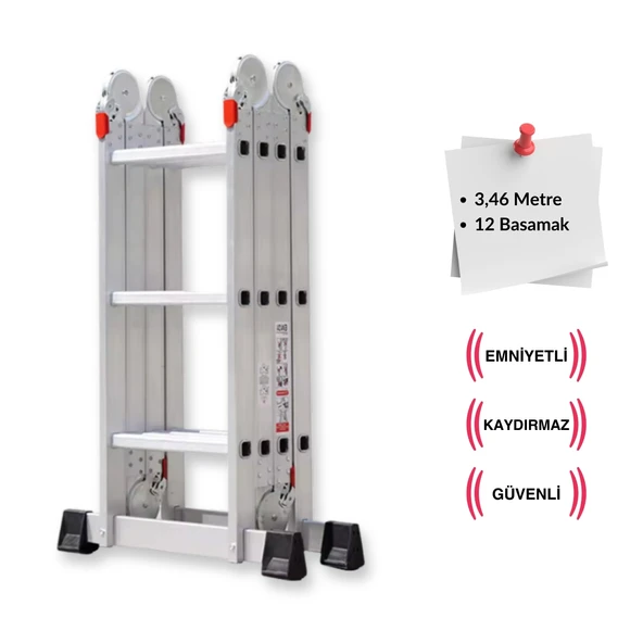 Endokon PLATFORMLU 3,46 Metre - 12  Basamaklı Katlanır Akrobat Merdiven - Büyük Menteşe - Kalın Profil - 2