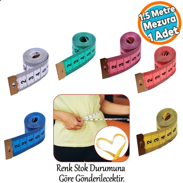 Mezura Yumuşak Şerit Terzi Metresi 1.5 Metre Renk Seçenekli PVC Diyetisyen Bel Ölçüm Bandı 1 Adet