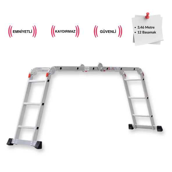Endokon PLATFORMLU 3,46 Metre - 12  Basamaklı Katlanır Akrobat Merdiven - Büyük Menteşe - Kalın Profil