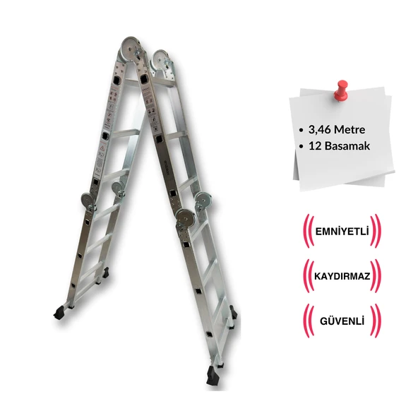 Endokon PLATFORMLU 3,46 Metre - 12  Basamaklı Katlanır Akrobat Merdiven - Büyük Menteşe - Kalın Profil - 7