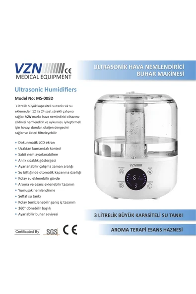 VZN Ultrasonik Hava Nemlendirici Buhar Makinesi Dijital Ekran, Akıllı Kumanda - 2