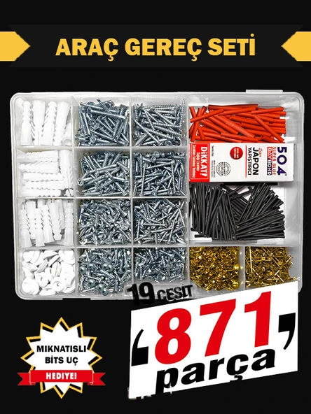 871 Parça 19 Çeşit Vida Dübel Seti Organizer, Vida, Dübel, Makaron Seti