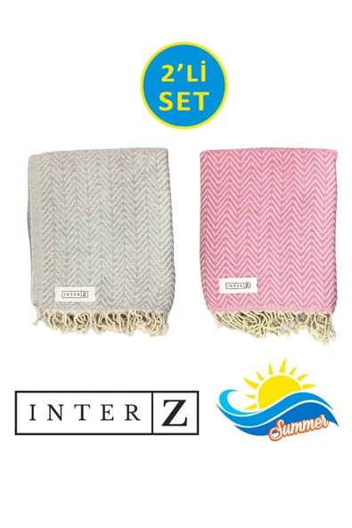 2'li Set Peştemal Plaj Havlusu , %100 Pamuk , Xxl 100x180cm, Marmaris, Gri Pembe
