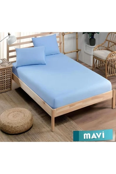 Pamuklu Ranforce Kumaş Lastikli Fitted Yastıklı Çarşaf Seti (battal Boy) Mavi