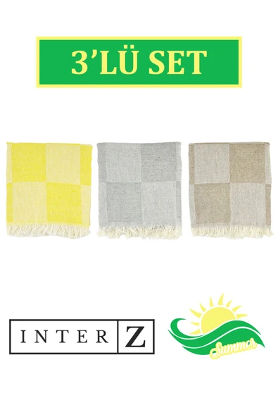 3'lü Set Dama Desenli Peştamal Plaj Havlusu 70x155 Cm