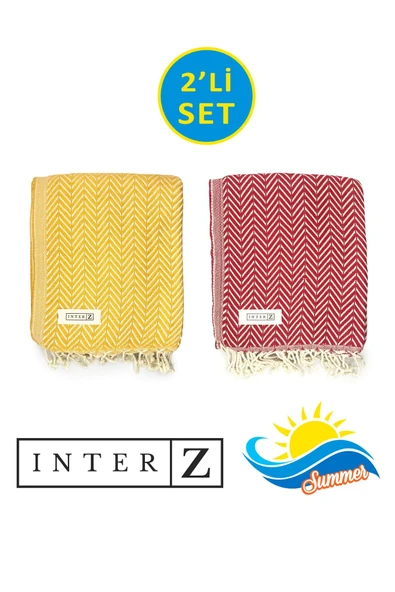 2'li Set Peştemal Plaj Havlusu , %100 Pamuk , Xxl 100x180cm, Marmaris, Sarı-kırmızı