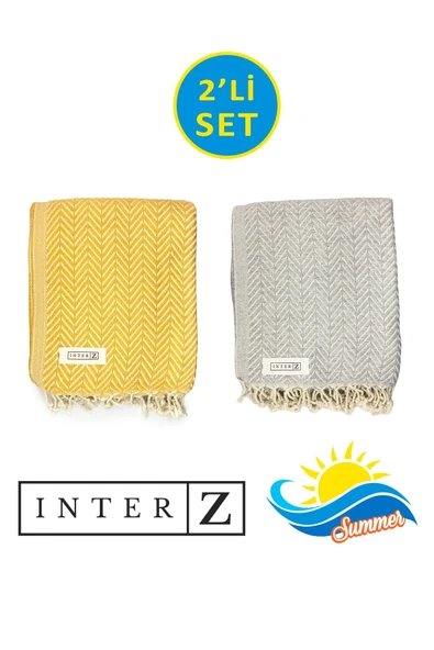 2'li Set Peştemal Plaj Havlusu , %100 Pamuk , Xxl 100x180cm, Marmaris, Bal Sarısı-gri