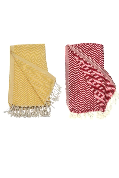 2'li Set Peştemal Plaj Havlusu , %100 Pamuk , Xxl 100x180cm, Marmaris, Sarı-kırmızı - Resim 2