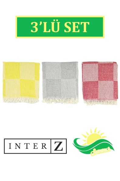 3'lü Set Dama Desenli Peştamal Plaj Havlusu 70x155 Cm