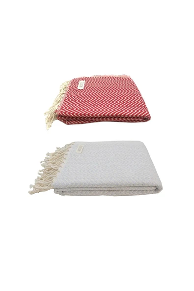 2'li Set Peştemal Plaj Havlusu , %100 Pamuk , Xxl 100x180cm, Marmaris, Kırmızı-gri - 3