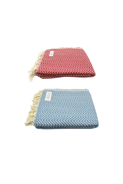 2'li Set Peştemal Plaj Havlusu , %100 Pamuk , Xxl 100x180cm, Marmaris, Kırmızı-ege Mavisi - Resim 3