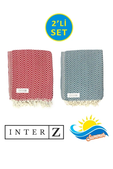 2'li Set Peştemal Plaj Havlusu , %100 Pamuk , Xxl 100x180cm, Marmaris, Kırmızı-ege Mavisi ürün görseli