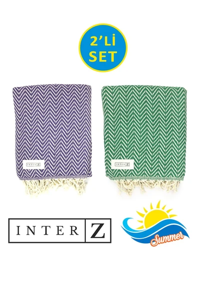 2li Set Peştemal Plaj Havlusu %100 Pamuk  Xxl 100x180cm Marmaris Mor Yesil