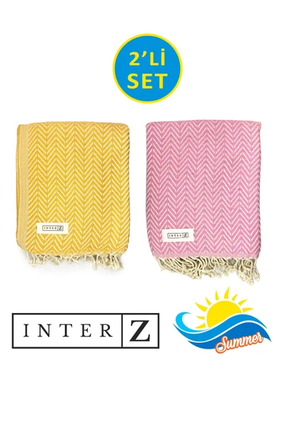 2li Set Peştemal Plaj Havlusu %100 Pamuk Xxl 100x180cm Marmaris Sarı Pembe