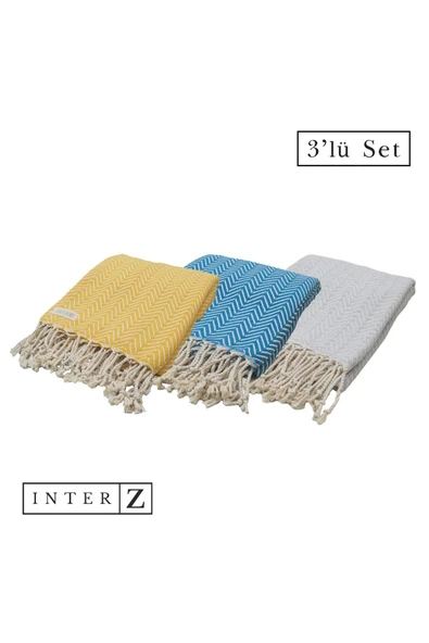 3'lü Set Peştemal Plaj Havlusu , %100 Pamuk , Xxl 100x180cm, Marmaris, Sarı-gri-mavi