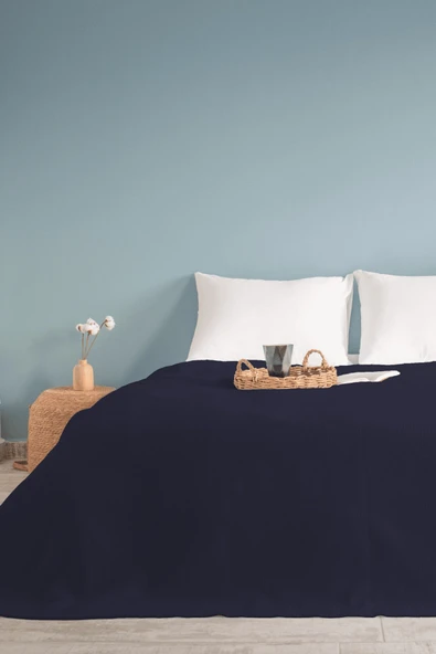 Çift Kişilik Lacivert Dama Desenli Pike. Damalı Otel Pikesi 200 X 230