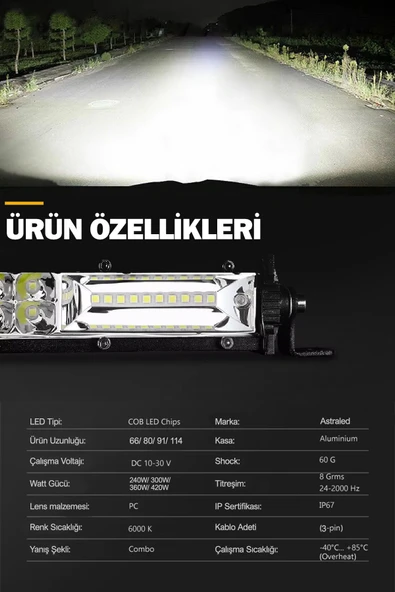 ASTRALED  360watt Çift Renk Sarı Beyaz 95 Cm 2 Sıra Offroad Led Bar Atv Uyumlu - Resim 5