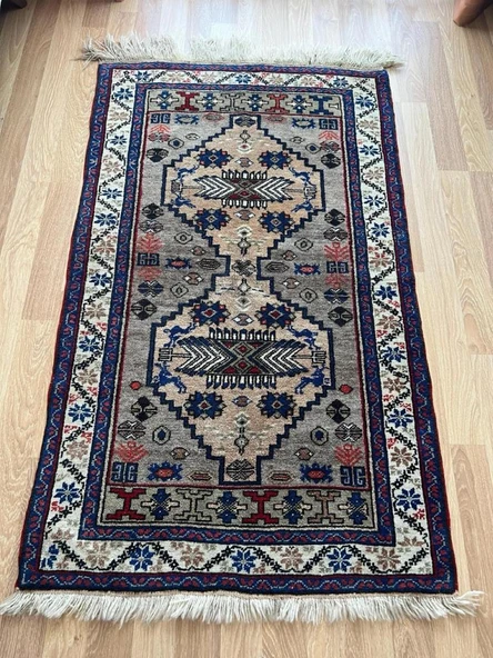 103x170 cm Küçük Mavi El Dokuma Halı, Çiçek ve Pıtrak Motifli El Dokuma Yün Halı, Harika Kondisyonlu Vintage Halı - 6