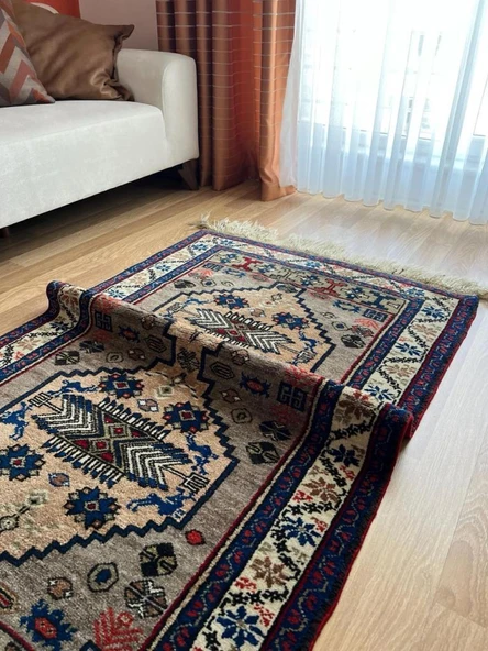103x170 cm Küçük Mavi El Dokuma Halı, Çiçek ve Pıtrak Motifli El Dokuma Yün Halı, Harika Kondisyonlu Vintage Halı - 3