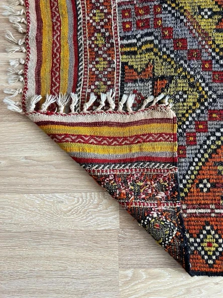 91x147 cm Küçük Renkli Kilim, Geometrik Motifli El Dokuma Yün Kilim, Canlı Renkli Harika Kondisyonlu Nostaljik Kilim - 5