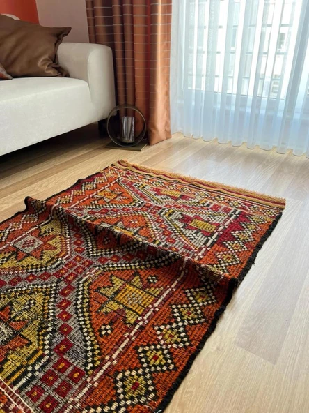 91x147 cm Küçük Renkli Kilim, Geometrik Motifli El Dokuma Yün Kilim, Canlı Renkli Harika Kondisyonlu Nostaljik Kilim - 6