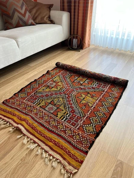 91x147 cm Küçük Renkli Kilim, Geometrik Motifli El Dokuma Yün Kilim, Canlı Renkli Harika Kondisyonlu Nostaljik Kilim