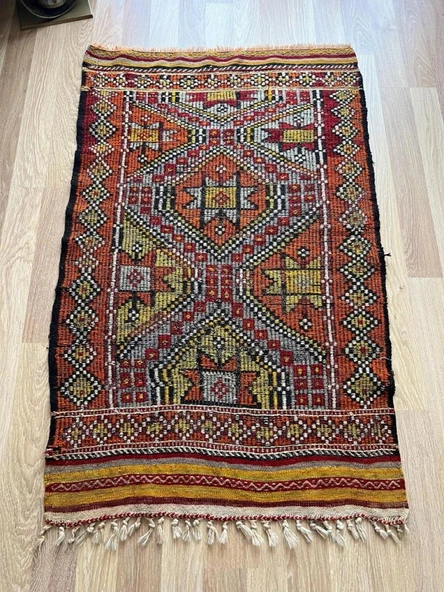 91x147 cm Küçük Renkli Kilim, Geometrik Motifli El Dokuma Yün Kilim, Canlı Renkli Harika Kondisyonlu Nostaljik Kilim - 7